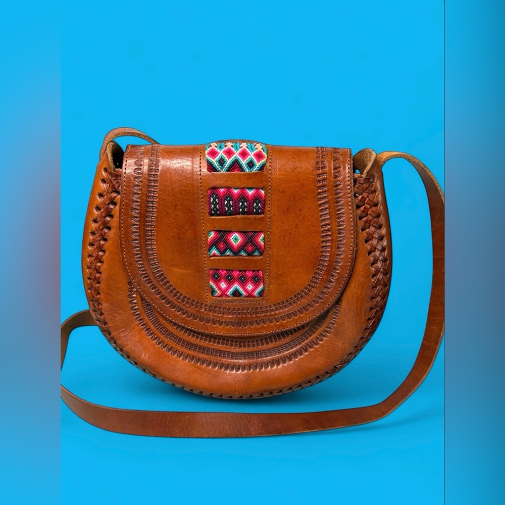 Mexican Genuine Tooled Leather Saddle Purse with embroidery